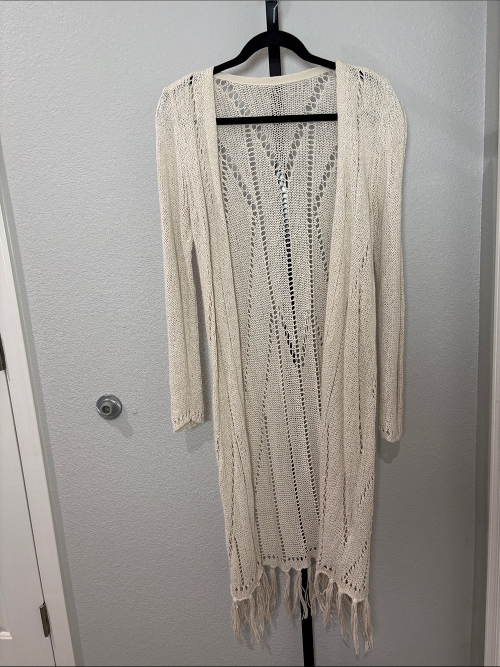 Open-Front Beige Cotton Knit Fringe Long Cardigan Sweater by Chico’s design